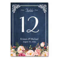 Classy Floral Blue Chalkboard Wedding Table Number