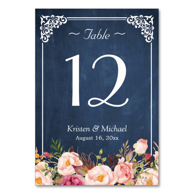 Classy Floral Blue Chalkboard Wedding Table Number Card