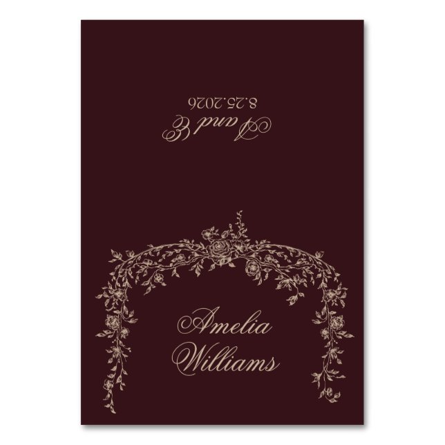 Classy Floral Burgundy Beige Botanical Wedding Table Number (Front)