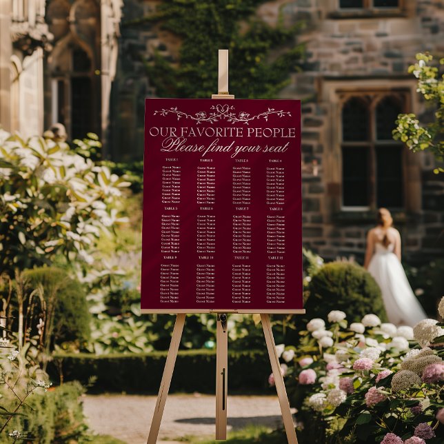 Classy Floral Burgundy Boho Wedding Seating Charts Foam Board (Creator Uploaded)