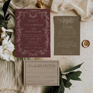 Classy Floral Burgundy Heels Old Money Wedding Invitation