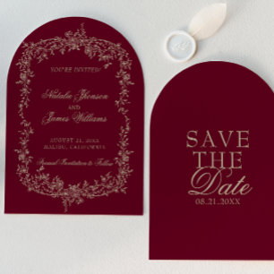 Classy Floral Burgundy Old Money Arched Wedding Save The Date