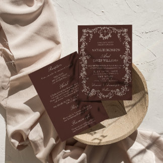 Classy Floral Chocolate Brown All In One Wedding Invitation