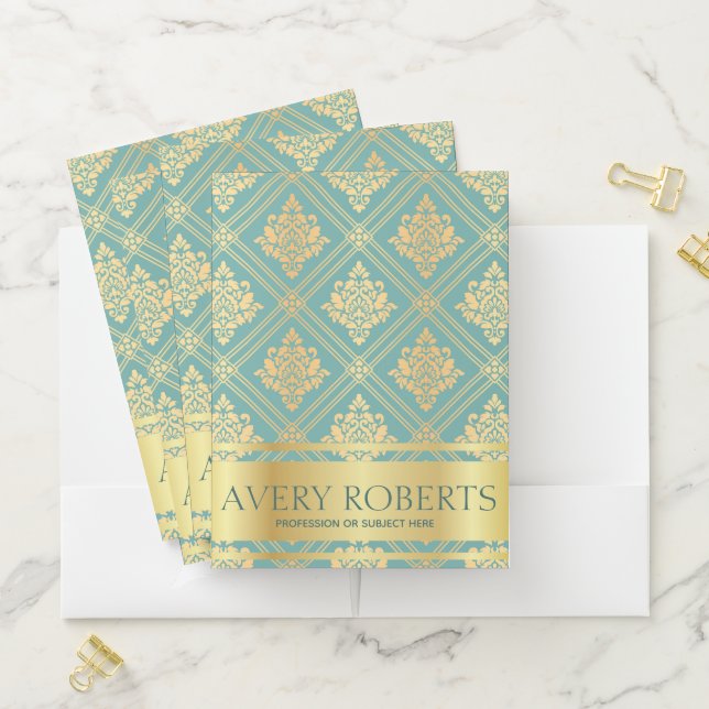 Classy Floral cyan gold Elegant Pocket Folder (In Situ)