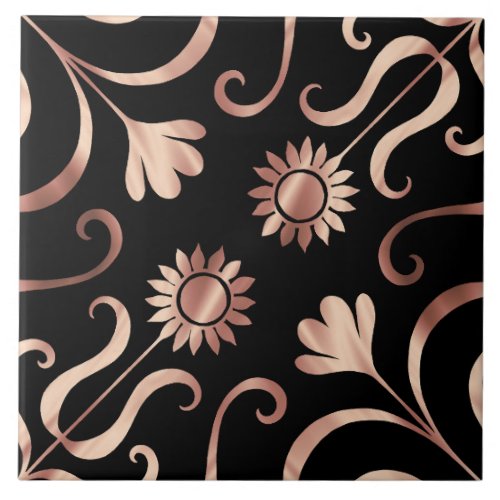 Classy Floral Damask Black and Rose Gold Sunflower Ceramic Tile