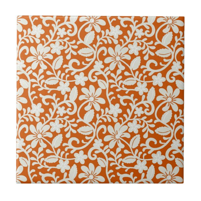 Classy Floral Damask Burnt Orange Pattern Ceramic Tile (Front)
