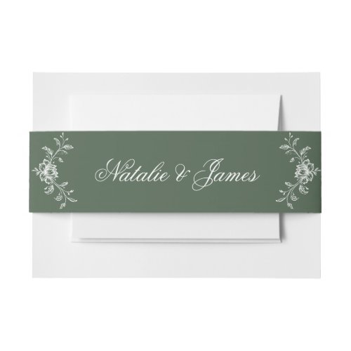 Classy Floral Emerald Green Old Money Boho Wedding Invitation Belly Band