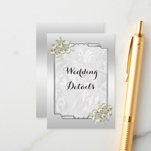 Classy Floral Gem, Silver Framed Wedding Enclosure Card (Front/Back In Situ)
