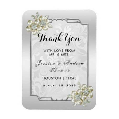 Classy Floral Gem Silver Framed Wedding Favor Magnet