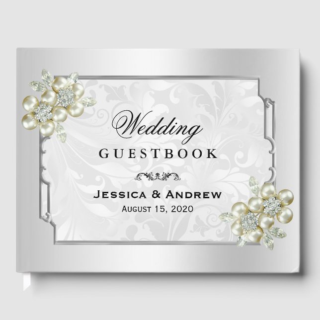 Classy Floral Gem, Silver Framed Wedding Guest Book (Front)