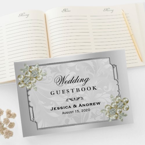 Classy Floral Gem Silver Framed Wedding Guest Book