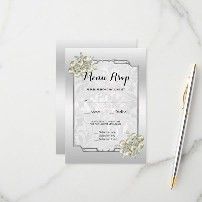 Classy Floral Gem, Silver Framed Wedding Menu RSVP (Front/Back In Situ)