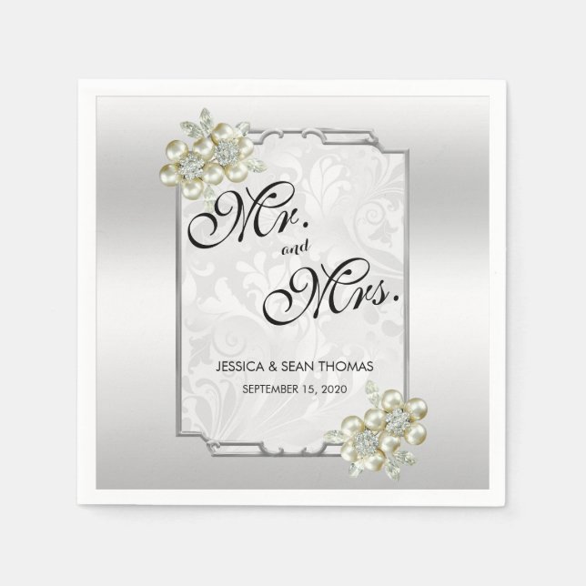 Classy Floral Gem, Silver Framed Wedding Napkins (Front)