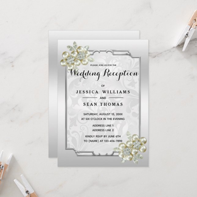 Classy Floral Gem, Silver Framed Wedding Reception Invitation (Front/Back In Situ)