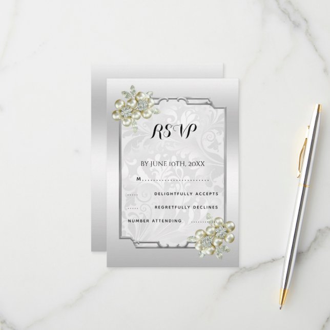 Classy Floral Gem, Silver Framed Wedding RSVP Card (Front/Back In Situ)