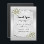 Classy Floral Gem, Silver Framed Wedding Thank You<br><div class="desc">Beautiful classy and sophisticated Wedding Thank You Magnet Card with a stylish silver frame on a silver background with pretty pearl gem decorated flower decorations in the corners all on a white damask background full of swirls and flourishes. A romantic, elegant posh invite for any event. All text is fully...</div>