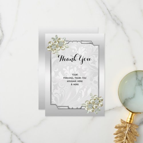 Classy Floral Gem Silver Framed Wedding Thank You Card