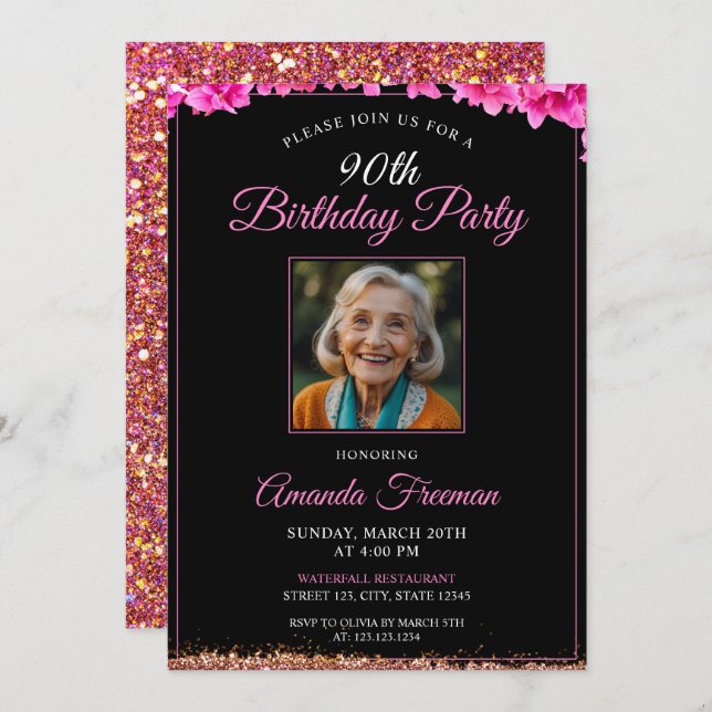 Classy Floral Glitter 90th Birthday Invitation (Front/Back)
