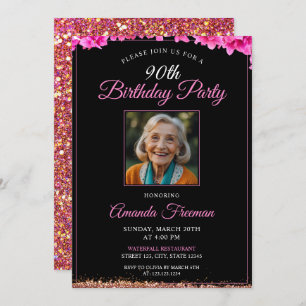 Classy Floral Glitter 90th Birthday Invitation