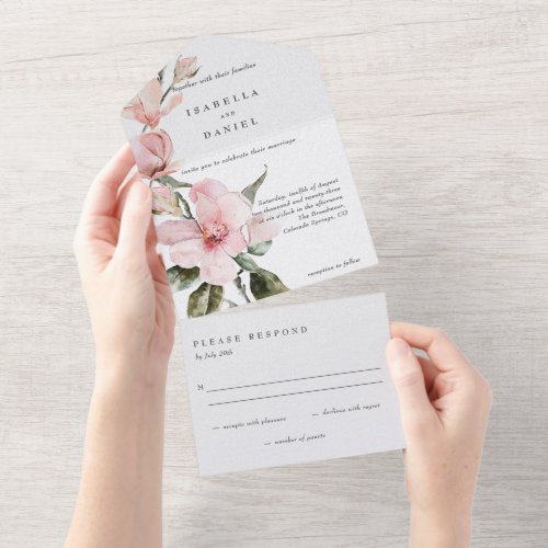 Classy Floral Magnolia Watercolor Wedding All In One Invitation