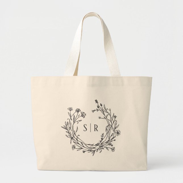 Classy Floral Monogram Wedding Welcome Guest Large Tote Bag (Front)