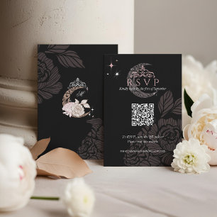 Classy Floral Moon Stars Tiara Quinceañera QR Code RSVP Card