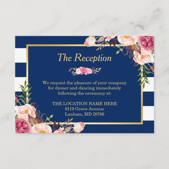 Classy Floral Navy Blue Stripes Wedding Reception Enclosure Card (Front)