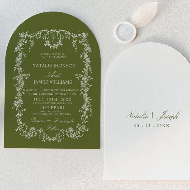 Classy Floral Olive Green Monogram Arched Wedding Invitation (Creator Uploaded)