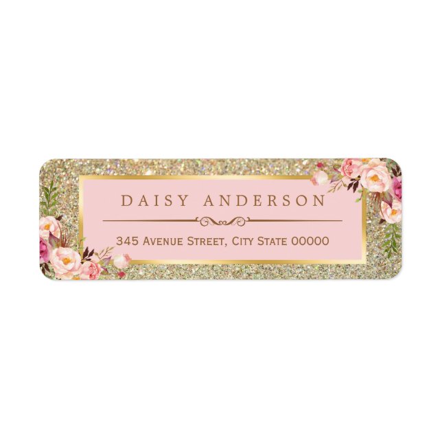 Classy Floral Pink Gold Glitter Sparkles Label (Front)