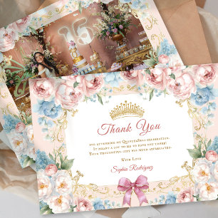 Classy Floral Pink Quinceanera Photo ThankYou Card