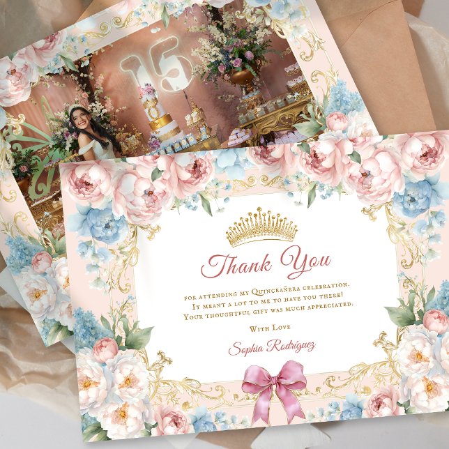 Classy Floral Pink Quinceanera Photo ThankYou Card (Classy Floral Pink Quinceanera Photo ThankYou Card)