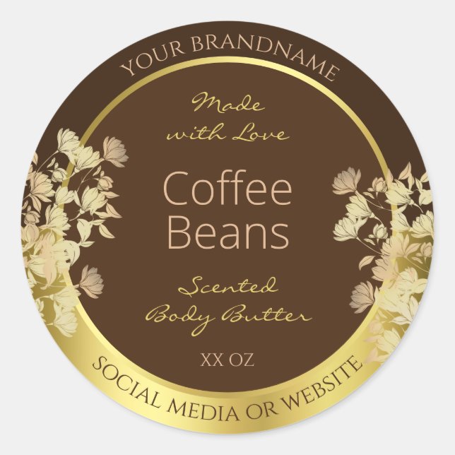 Classy Floral Product Packaging Labels Brown Gold  (Front)