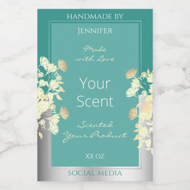 Classy Floral Product Packaging Labels Teal Silver (Single Label)