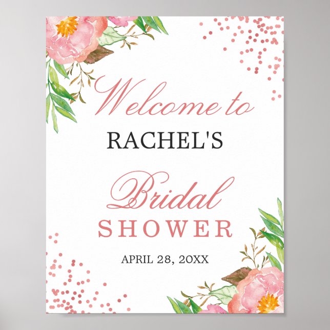 Classy Floral Rose Pink Confetti Bridal Shower Poster (Front)