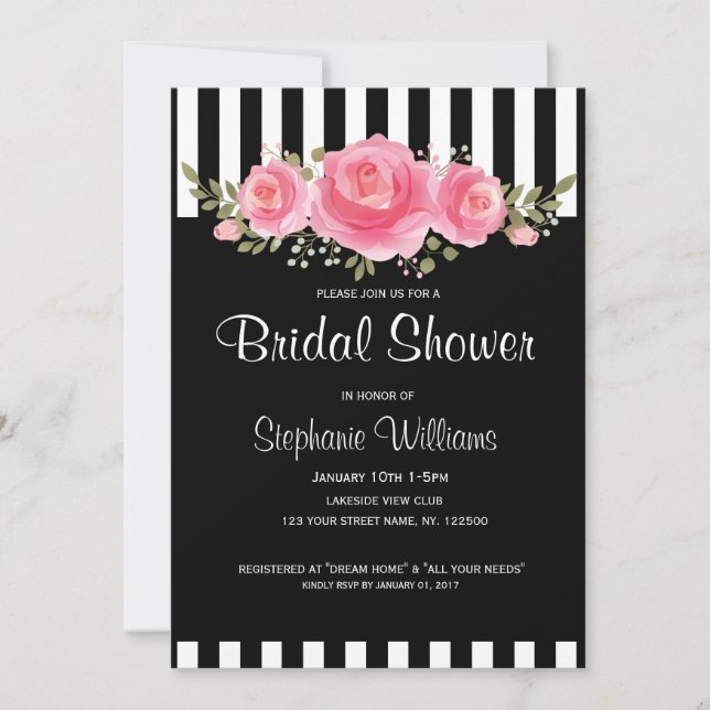 Classy Floral stripes bridal shower invitation (Front)