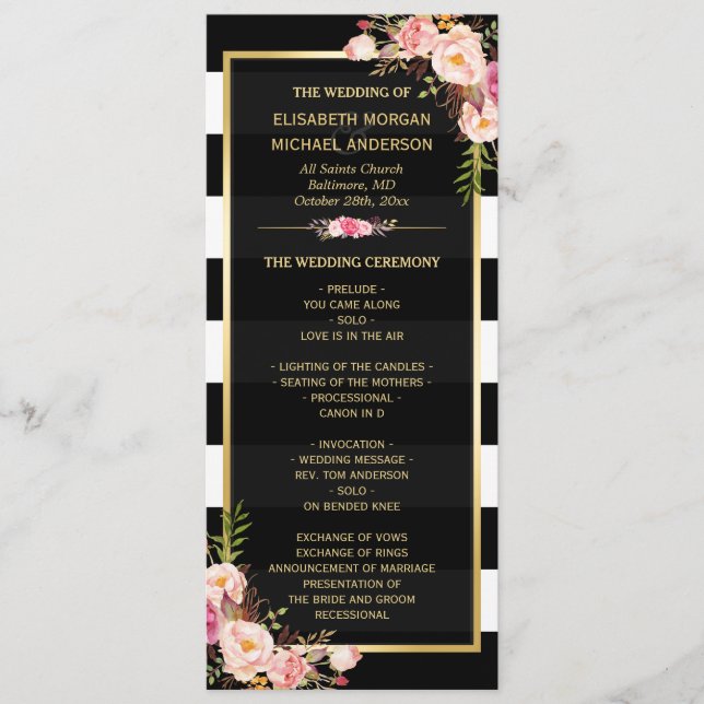 Classy Floral Stripes Gold Frame Wedding Program (Front)