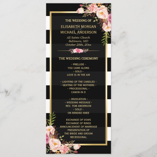 Classy Floral Stripes Gold Frame Wedding Program
