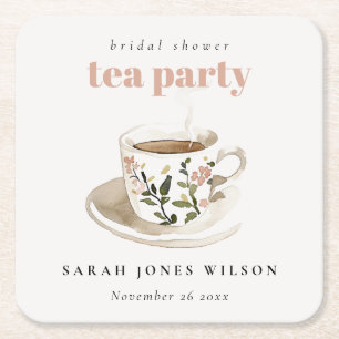 Classy Floral Tea Cup Bridal Shower Tea Party  Square Paper Coaster