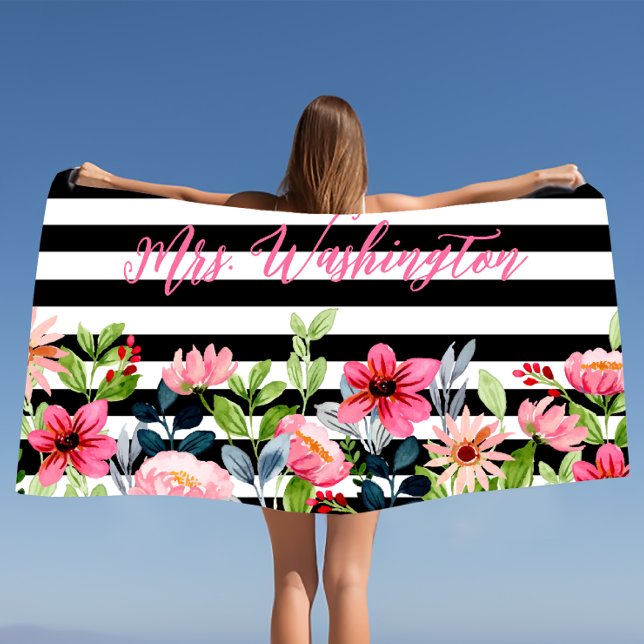 Classy Floral Watercolor Black White Striped Beach Towel (Creator Uploaded)