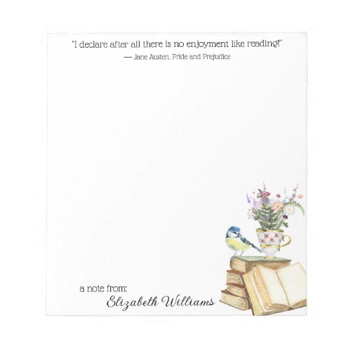 Classy Floral Watercolor Book Lover Quote Tea Cup  Notepad