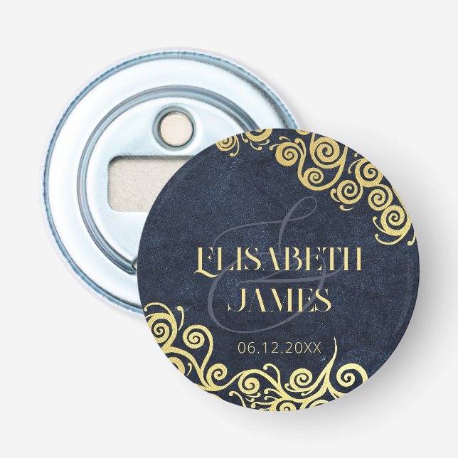  Classy Flourish Navy Blue And Gold Winter Wedding Bottle Opener (Front)