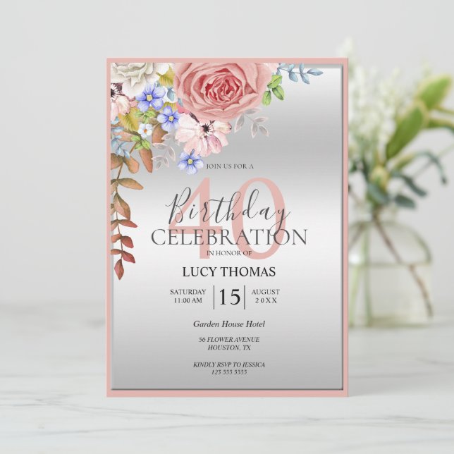 Classy Flower Corner Decoration Birthday Invitation (Standing Front)