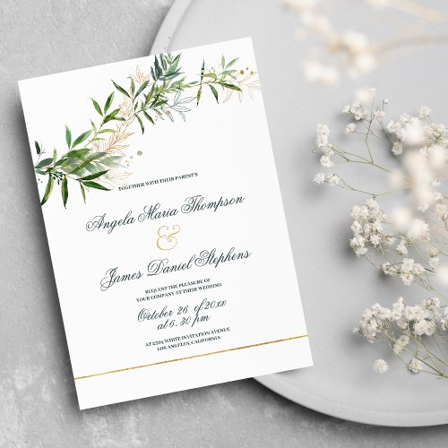 Classy forest green gold glitter foliage wedding invitation