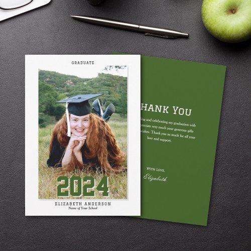 Classy Forest Green Graduate 2024 Graduation Photo Thank You Card