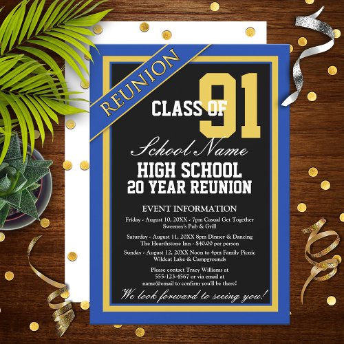 Classy Formal Blue and Gold High School Reunion Invitation