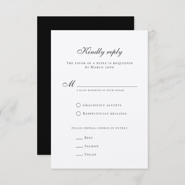 Classy Formal Elegant Black White Wedding RSVP Card (Front/Back)