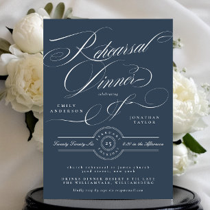 Classy Formal Navy Blue Wedding Rehearsal Dinner Invitation