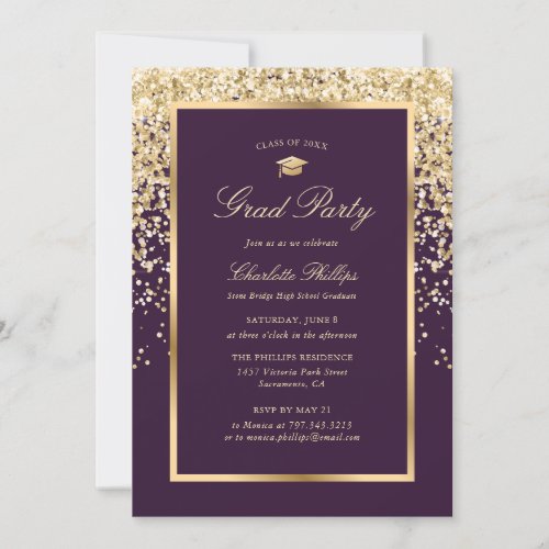 Classy Framed Purple Gold Photo Graduation Party Invitation
