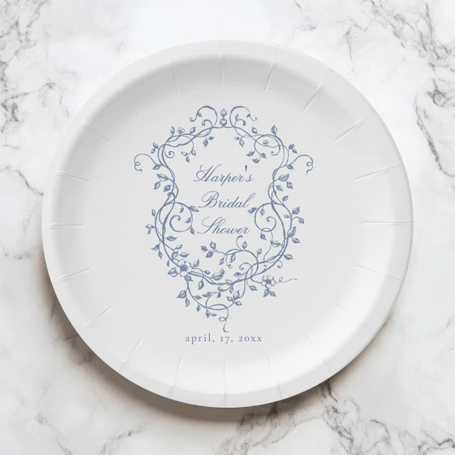 Classy French Blue Floral Crest Bridal Shower Paper Plates (Creator Uploaded)