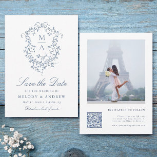 Classy French Blue Floral Crest Wedding Photo Save The Date